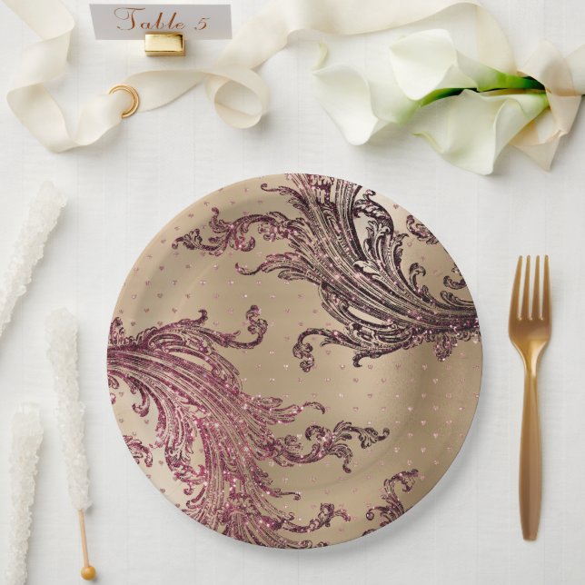 Assiettes En Carton Glitzy Gold Glam Burgundy Hearts Fête des mariées (Mariage)