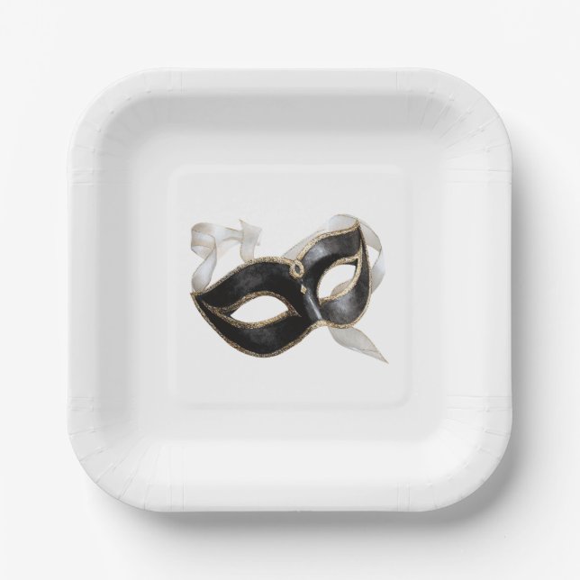 Assiettes En Carton Glitzy Gold Silver New Year Black Mask (Recto)