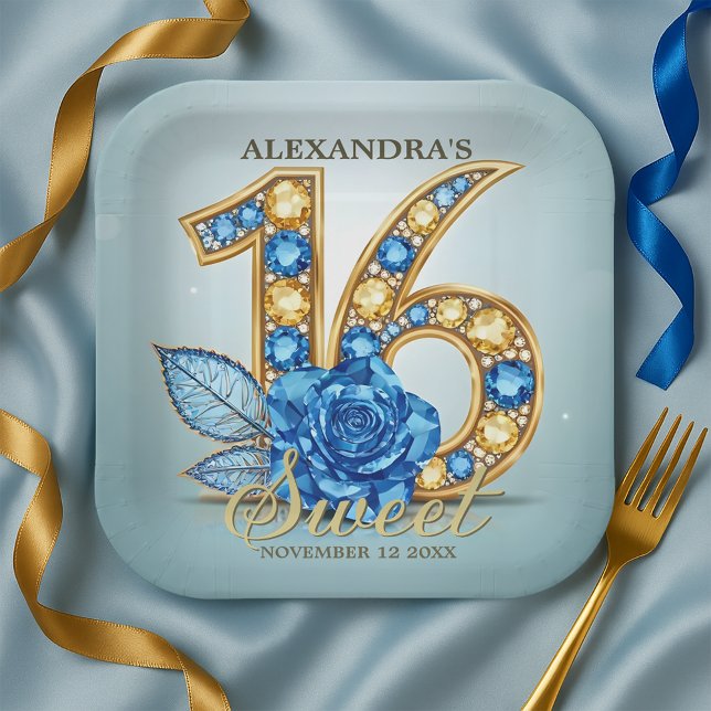 Assiettes En Carton Glitzy Luxury Blue Rose Gold Gemstone Sweet 16 (Créateur téléchargé)