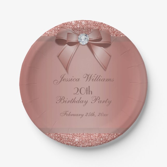 Assiettes En Carton Glitzy Rose Gold Bow & Gem Birthday Party (Devant)