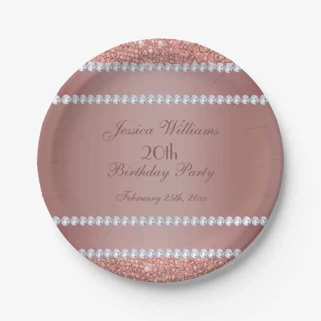 Assiettes En Carton Glitzy Rose Gold & Diamond Gem Birthday Party (Devant)