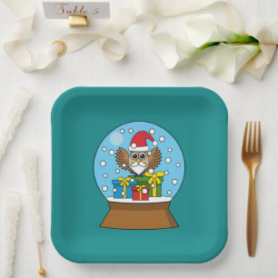 Assiettes En Carton Globe des neiges avec Chouette du Père Noël