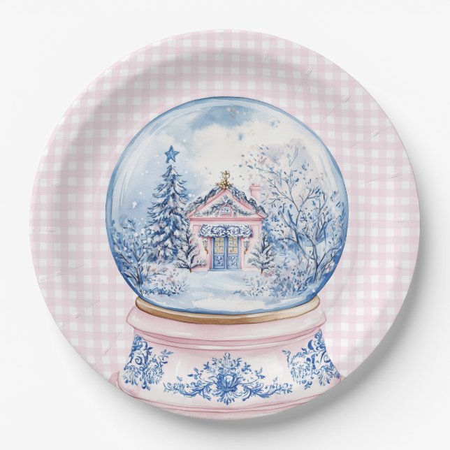 Assiettes En Carton Globe des neiges rose et bleu (Devant)