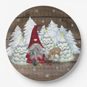 Assiettes En Carton Gnome Carreaux Rouges Écureuil Sapin Cerf