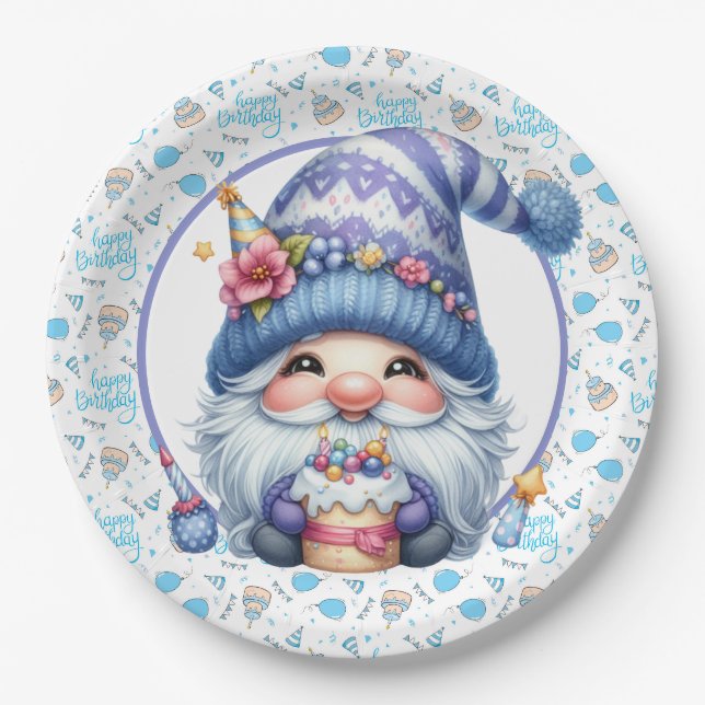Assiettes En Carton Gnome d'anniversaire  (Devant)