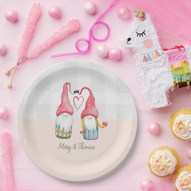 Assiettes En Carton Gnome de Noël en amour Aquarelle peinte à la main (Fête)