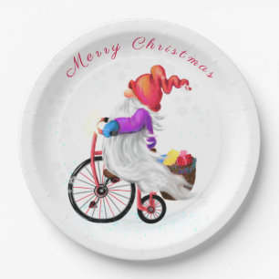 Assiettes En Carton Gnome drôle avec vélo et cadeaux Noël amusant