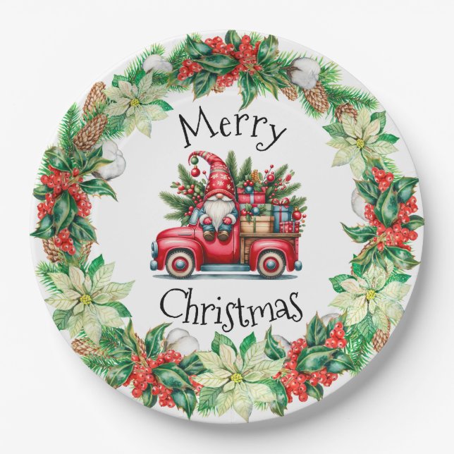 Assiettes En Carton Gnome en Camion Rouge rempli de cadeaux (Devant)