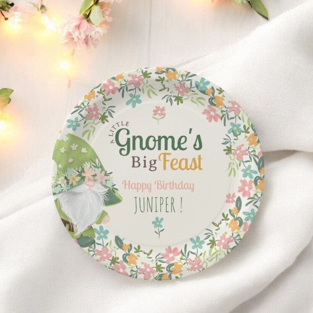 Assiettes En Carton Gnome Whimsical Premier anniversaire Floral (Whimsical Gnome First Birthday Floral Paper Plates)