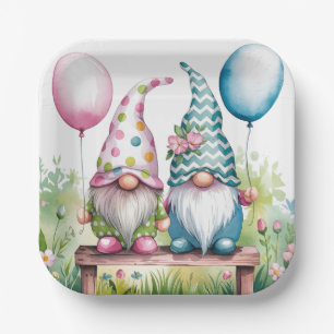 Assiettes En Carton Gnomes de Pâques en Aquarelle Fête d'anniversaire