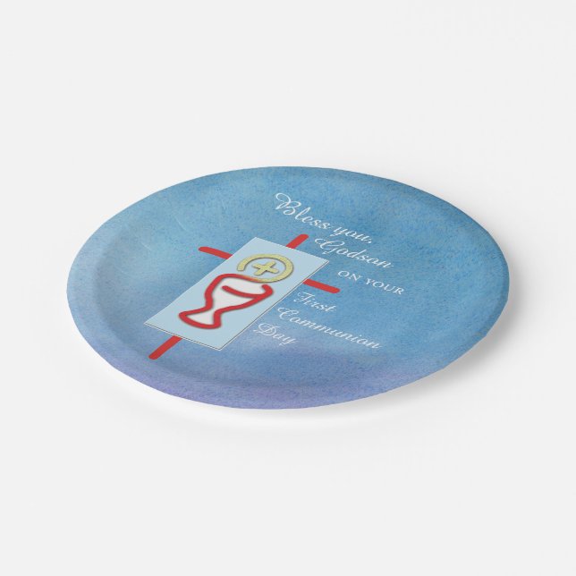Assiettes En Carton Godson, première communion sainte, bleu (Angle)