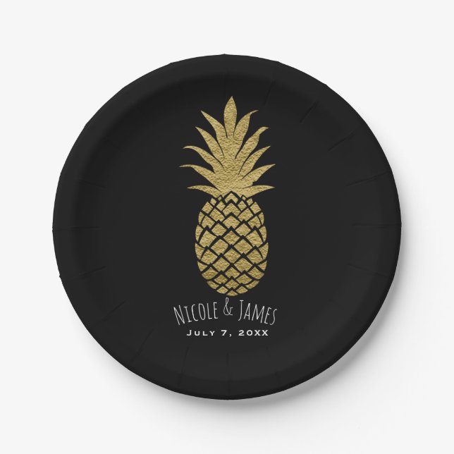 Assiettes En Carton Gold Ananas Black Modern Chic Tropical Party (Devant)