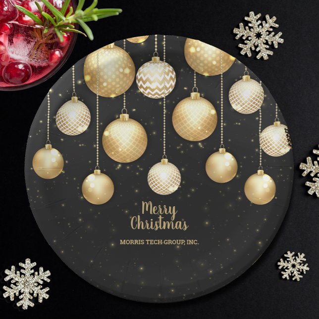 Assiettes En Carton Gold Baubles Christmas Tree Ornaments Party (Gold and white Christmas tree ornaments on black personalized holiday party paper plates)