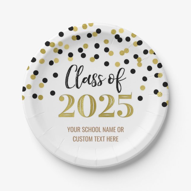 Assiettes En Carton Gold Black Confetti Graduation 2025 (Devant)
