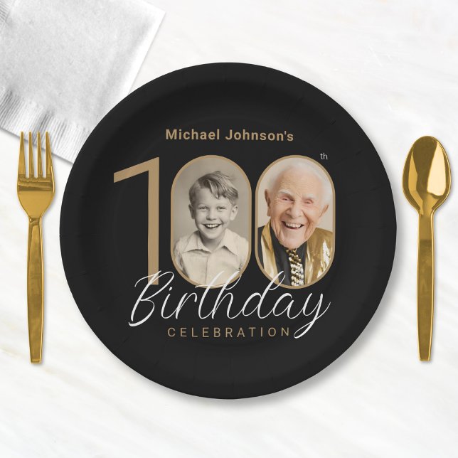 Assiettes En Carton Gold Black Elegant Photo 100th Birthday Party (Mockup View)