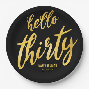 Assiettes En Carton Gold Black "Hello Thirty" Birthday avec nom