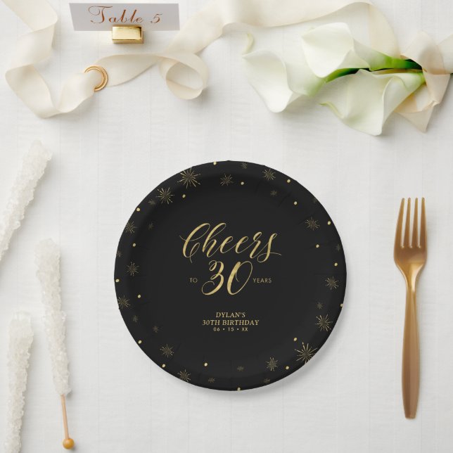 Assiettes En Carton Gold & Black Sparkle Cheers 30e fête d'anniversair (Mariage)