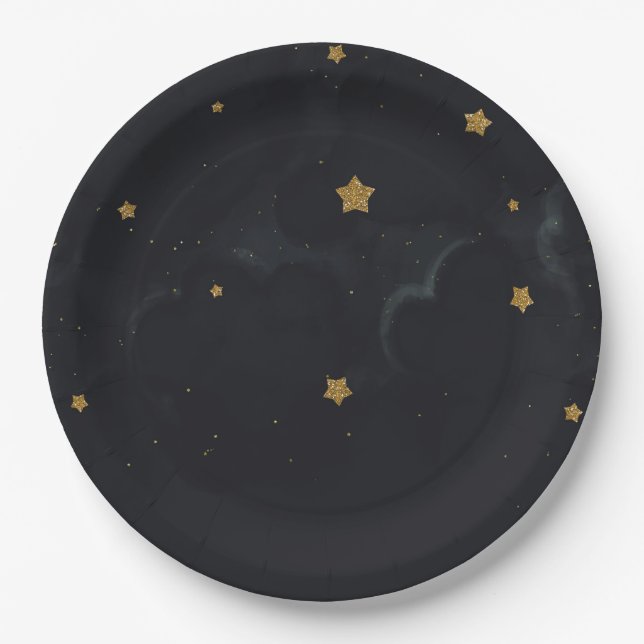 Assiettes En Carton Gold Black Stars Dark Night Sky Baby shower Party (Devant)