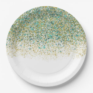 Assiettes En Carton Gold blanc et Parties scintillant bleue Turquoise 