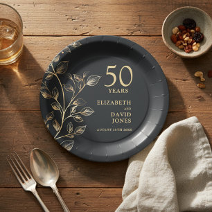 Assiettes En Carton Gold Botanical Floral 50e anniversaire Mariage