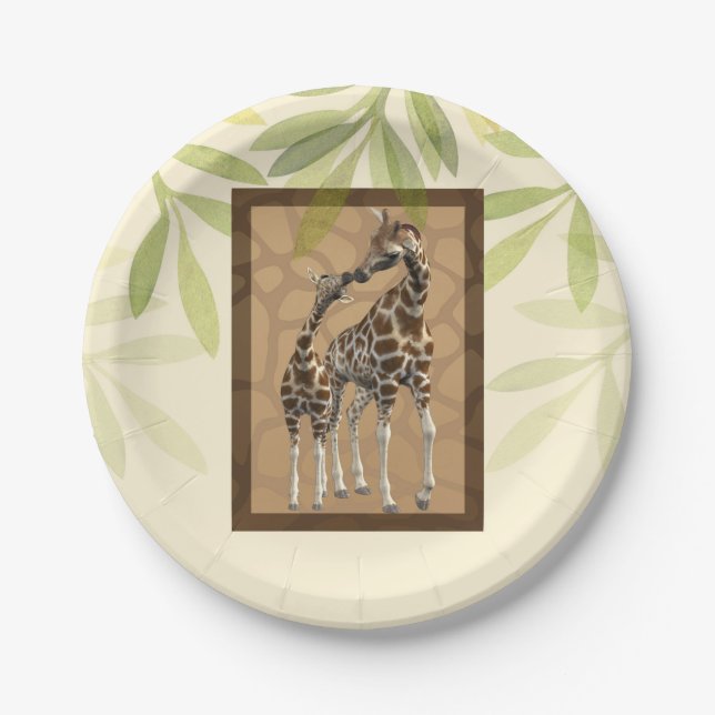 Assiettes En Carton Gold Brown Kissing Giraffes Zoo Baby shower (Devant)
