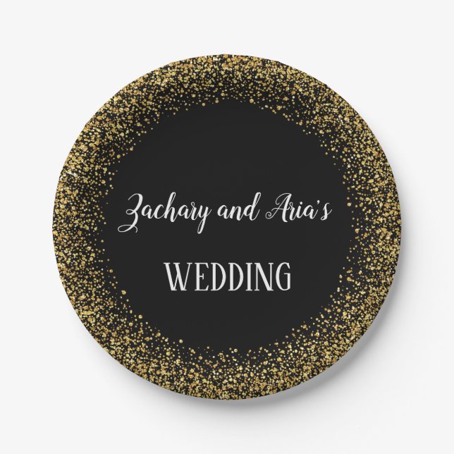 Assiettes En Carton Gold Confetti Calligraphie | Plaques Mariages noir (Devant)