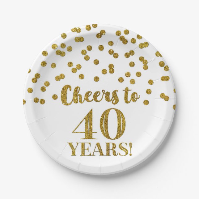 Assiettes En Carton Gold Confetti salue 40 ans d'anniversaire (Devant)