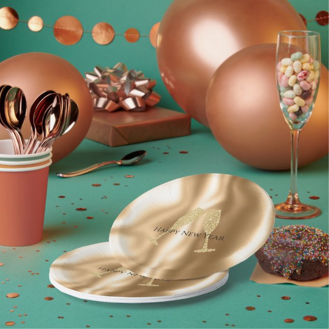 Assiettes En Carton Gold Diamond Sparkle Champagne Glasses New Year's (Multi)