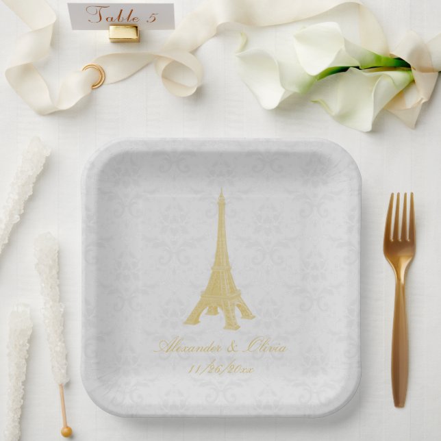 Assiettes En Carton Gold Eiffel Tower Mariage damassé (Mariage)