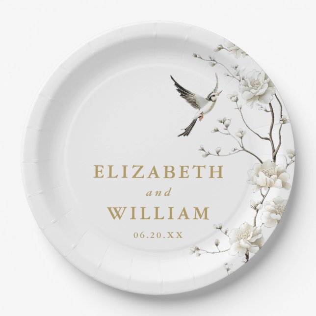 Assiettes En Carton Gold Elegant Chinoiserie Floral Garden Wedding (Devant)