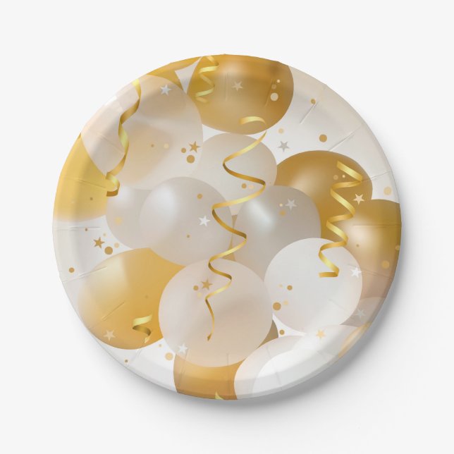 Assiettes En Carton Gold et White Balloons Party (Devant)