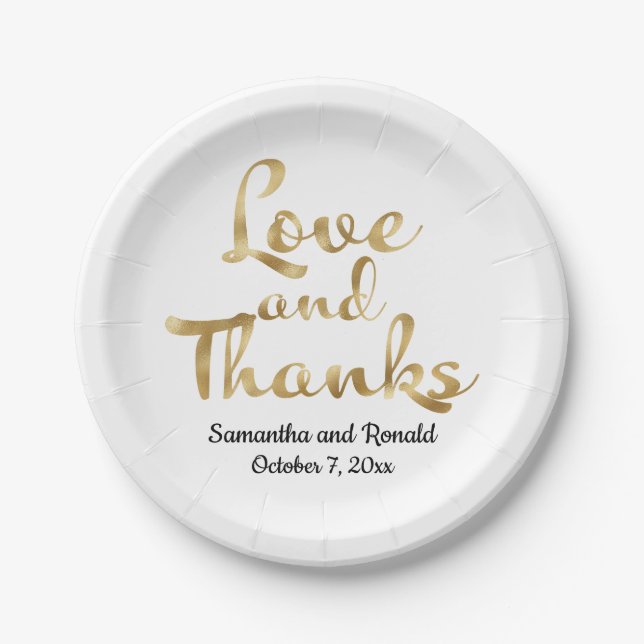 Assiettes En Carton Gold et White Love et Merci Mariage Plaque papier (Devant)