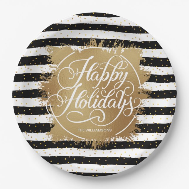 Assiettes En Carton Gold Faux Foil Black White Strips Holiday (Devant)