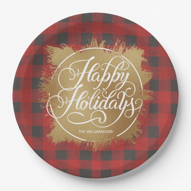 Assiettes En Carton Gold Faux Foil Happy Holidays Buffalo Plaid (Devant)