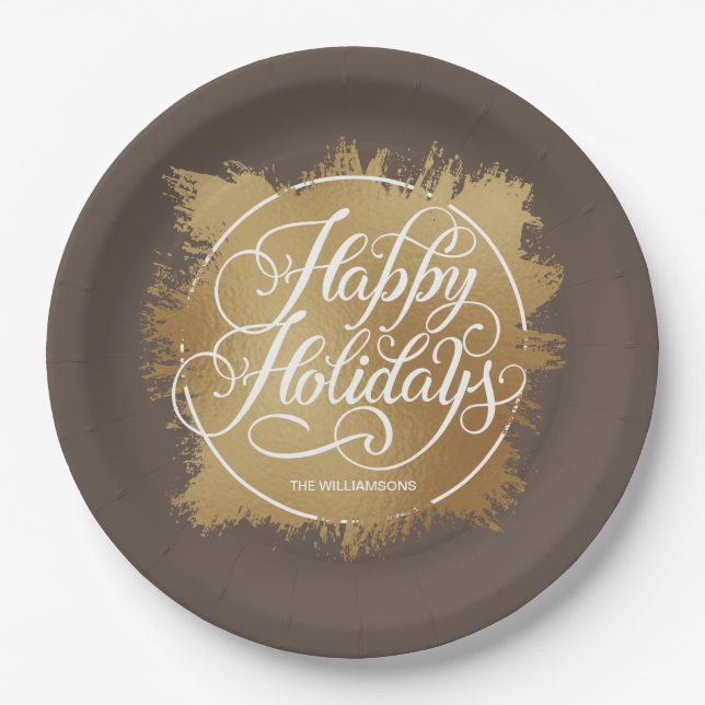 Assiettes En Carton Gold Faux Foil Joyeux Vacances Brown (Devant)