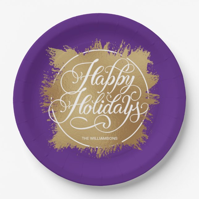 Assiettes En Carton Gold Faux Foil Joyeux vacances violet (Devant)