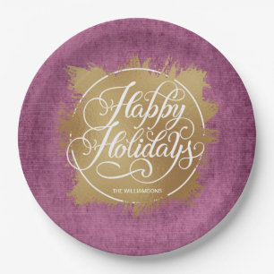 Assiettes En Carton Gold Faux Foil Joyeux vacances violet