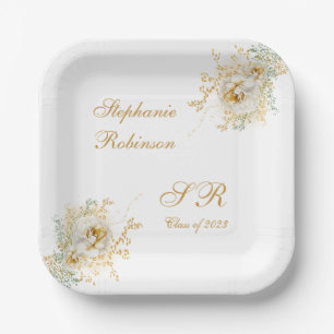 Assiettes En Carton Gold Floral Monogram Graduation Party