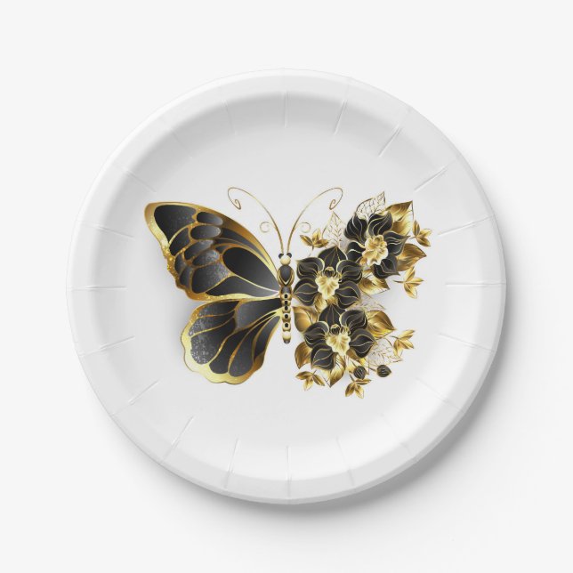 Assiettes En Carton Gold flower Butterfly with Black Orchid (Devant)