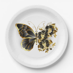 Assiettes En Carton Gold flower Butterfly with Black Orchid