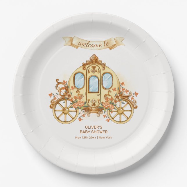 Assiettes En Carton Gold Flower Prince Carriage Baby Shower Welcome (Devant)
