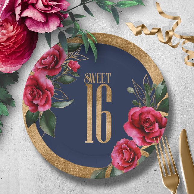 Assiettes En Carton Gold Foil Floral Sweet sixteen Navy Blue ID757 (Créateur téléchargé)