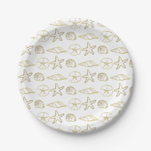 Assiettes En Carton Gold Foil Look Sea Shells Chic Beach Elegant Blanc