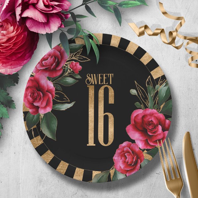 Assiettes En Carton Gold Foil Stripes Sweet sixteen Floral Black ID757 (Créateur téléchargé)