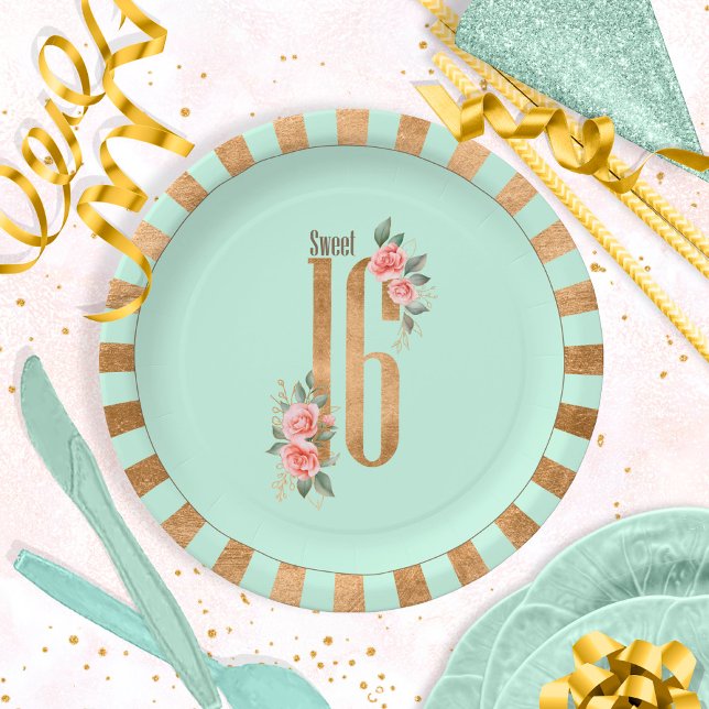 Assiettes En Carton Gold Foil Stripes Sweet sixteen Mint Green ID756 (Créateur téléchargé)