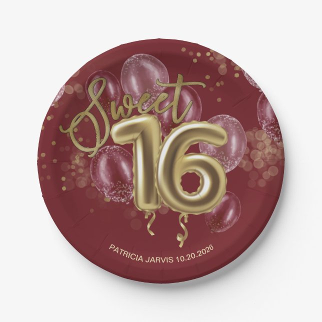 Assiettes En Carton Gold Foil Sweet 16 Ballons d'anniversaire Bourgogn (Devant)