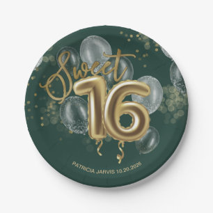 Assiettes En Carton Gold Foil Sweet 16 Ballons d'anniversaire Emerald 