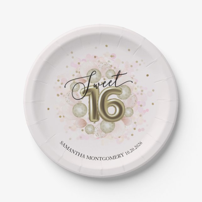 Assiettes En Carton Gold Foil Sweet 16 Balloons Anniversaire Parti ros (Devant)