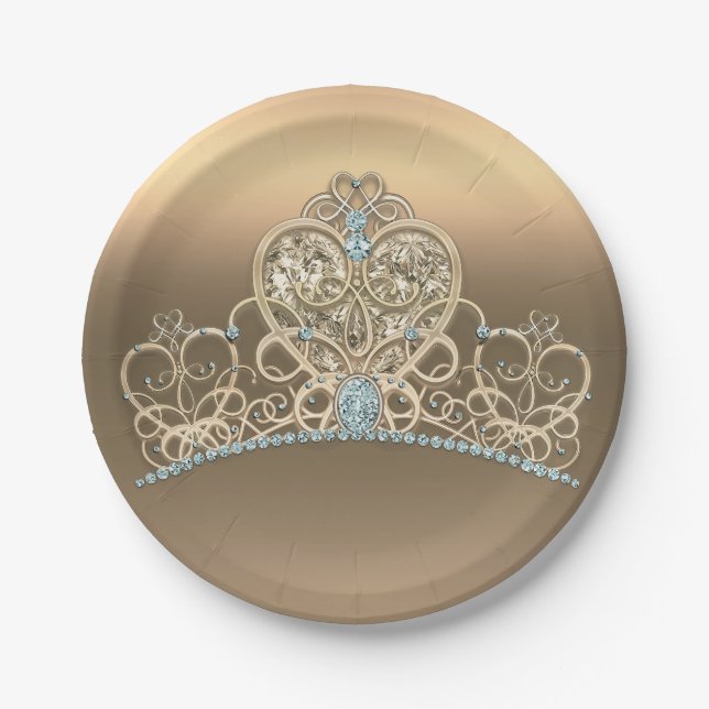 Assiettes En Carton Gold Glam Princess Heart Tiara fête d'anniversaire (Devant)
