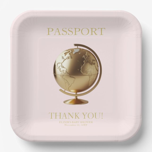 Assiettes En Carton Gold Globe Passport Travel Baby Shower (Recto)